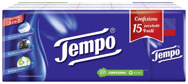 Tempo Fazzoletti 3-in-1 15x9 Pacchetti | 4 Veli Alta Resistenza | Lavabili in Lavatrice e Biodegradabili | Certificati FSC e Packaging Eco