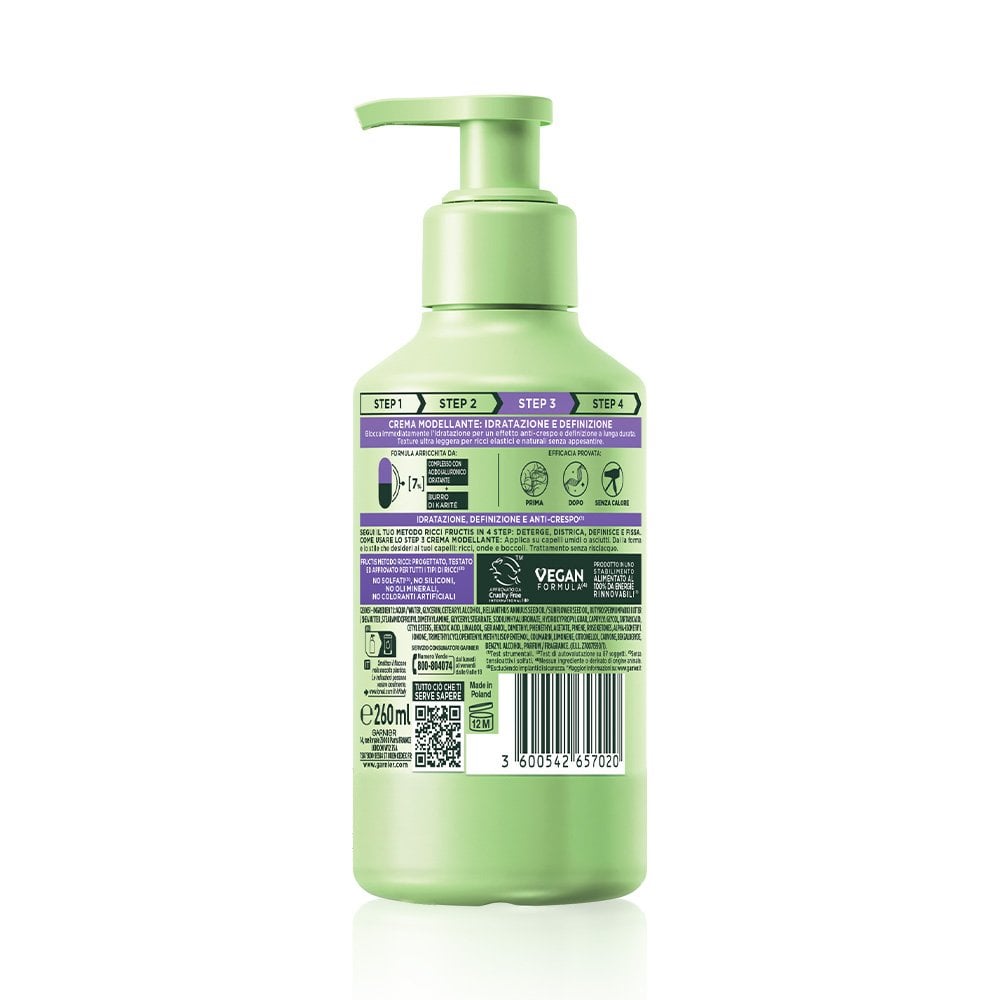 Garnier Fructis Metodo Ricci Crema Modellante (260ml) – Step 3 Definizione Senza Risciacquo con Acido Ialuronico e Burro di Karité – Anti-Crespo