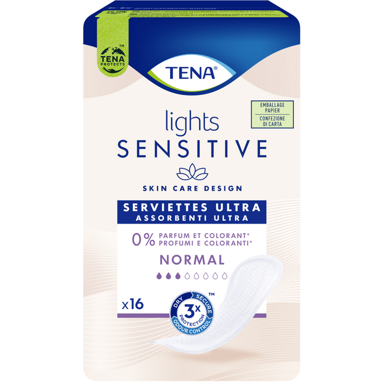 TENA Lights Sensitive Assorbenti Ultra Normal 16 Pezzi | Per Perdite Urinarie Leggere | Tripla Protezione da Perdite, Odori e Umidità | 0% Profumi e Coloranti per Pelli Sensibili