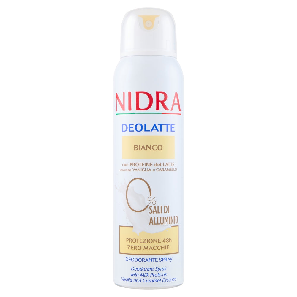 Nidra Deolatte Spray Bianco 150 ml – Deodorante 48h 0% Sali di Alluminio con Proteine del Latte, Pelle Fresca e Protetta