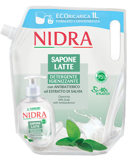 Nidra Eco-Ricarica Saponelatte 1000ml | Proteine del Latte 100% Naturali | Formato Convenienza 1 Litro | Idratante o Igienizzante Antibatterico