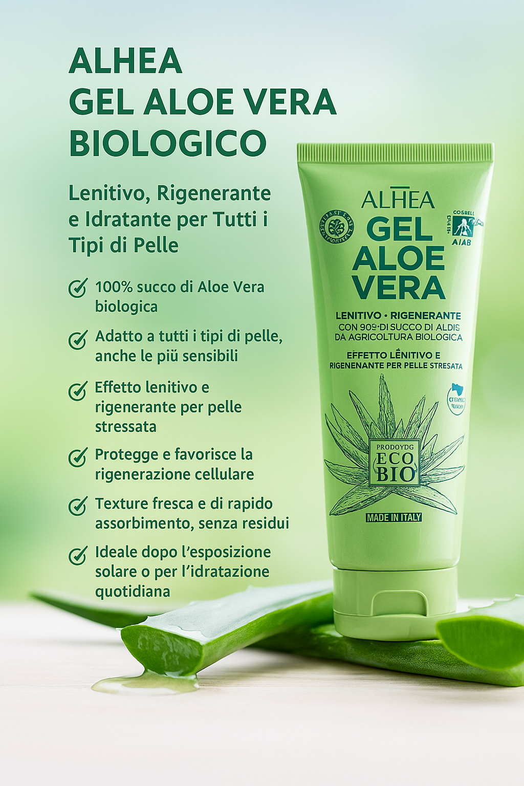 ALHEA Gel Aloe Vera Bio 200ml, trattamento naturale con aloe vera al 99% da agricoltura biologica, gel viso e corpo lenitivo e rigenerante, ideale per idratare la pelle sensibile e alleviare irritazioni, prodotto vegano certificato AIAB.