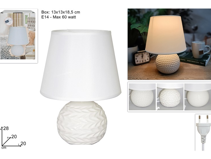 Lampada da Tavolo Bombata in Ceramica Bianca - Paralume Bianco E14 - 13 x 26 cm
