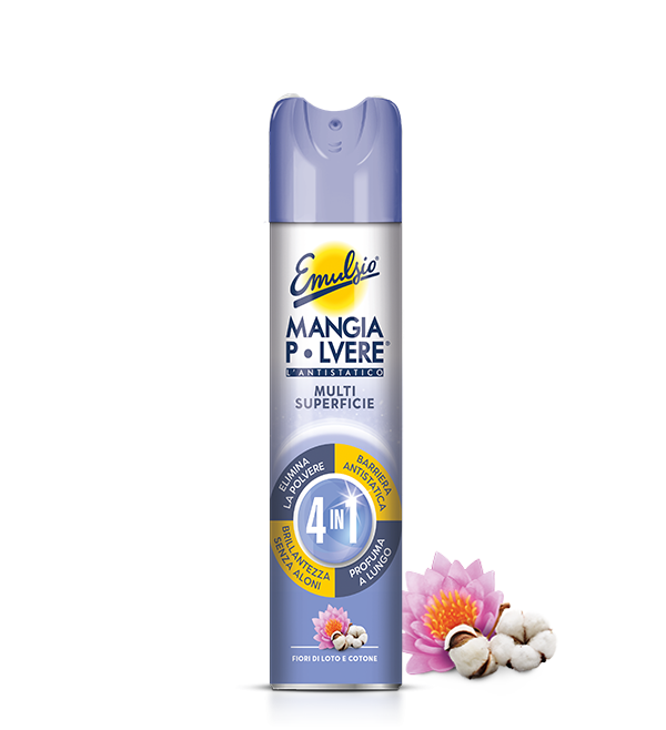 Emulsio Mangiapolvere Antistatico Fiori Loto Cotone Spray 300ml – Barriera Anti-Rideposito Polvere Multisuperficie
