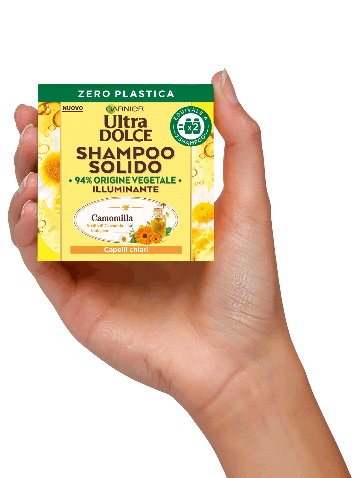 Garnier Ultra Dolce Shampoo Solido Illuminante 60g – Con Camomilla e Olio di Calendula Bio – Zero Plastica