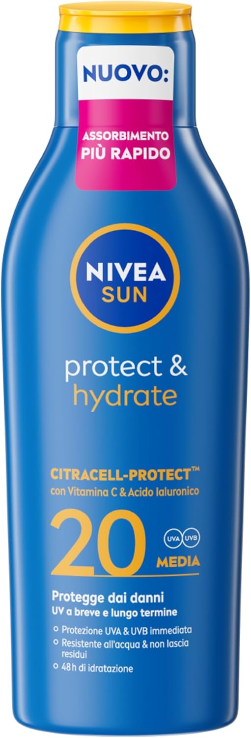 NIVEA SUN Protect & Hydrate SPF 20 Latte Solare 200ml | Idratazione 48H con Vitamina C e Acido Ialuronico | Protezione Media
