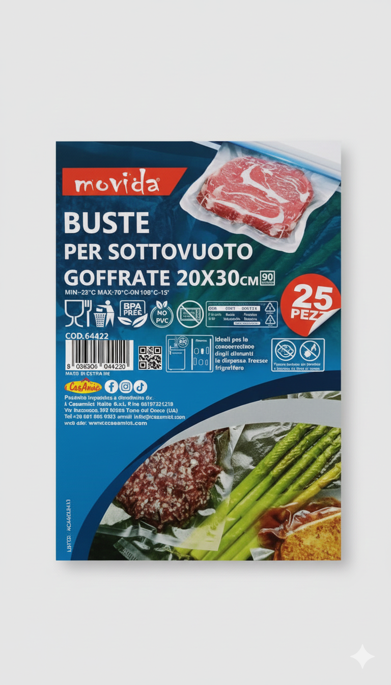 Movida Buste per Sottovuoto Goffrate | Set 25 Pezzi | Formato 20x30 cm | Alta Resistenza per Conservazione Alimenti | Qualità Certificata per Frigo e Freezer