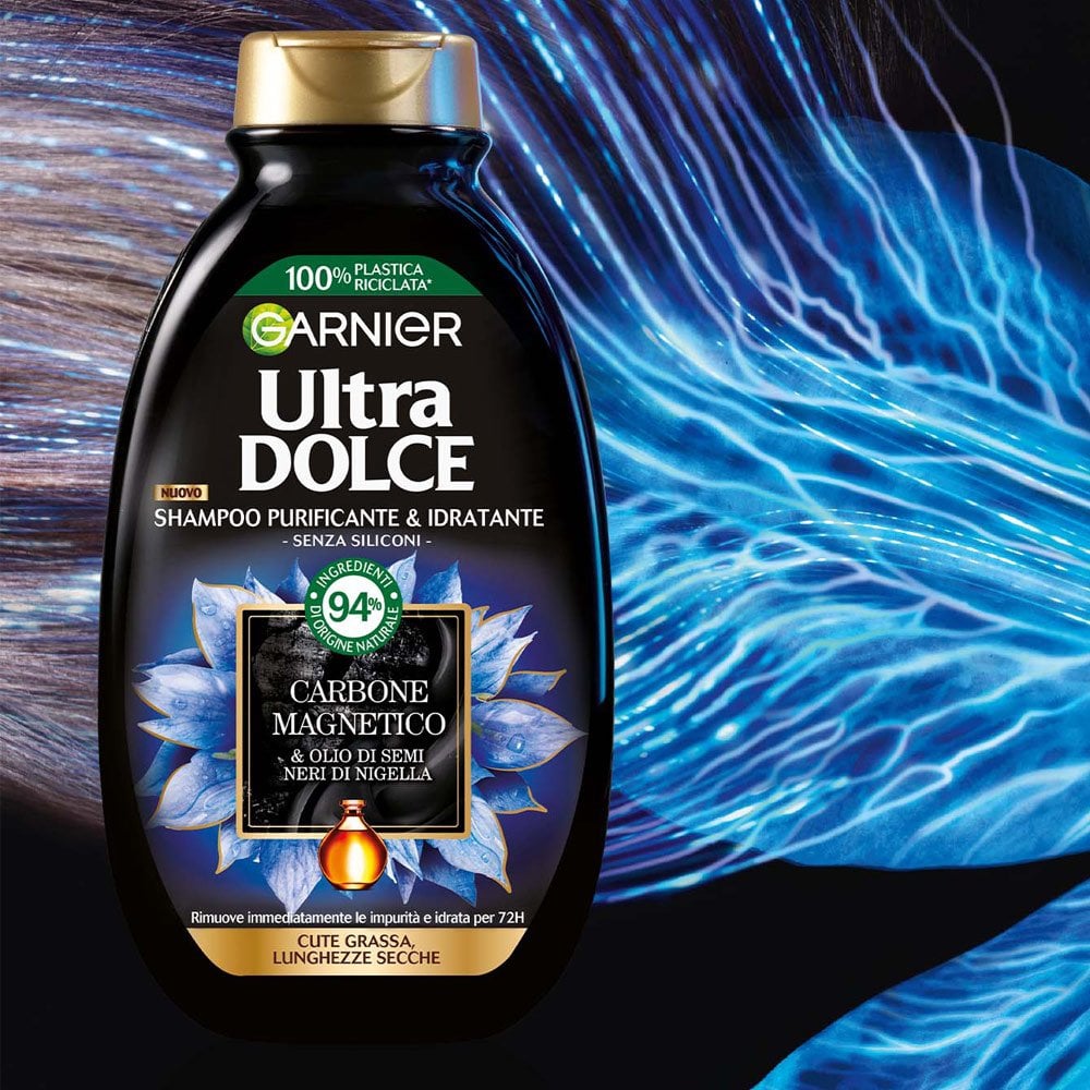 Garnier Ultra Dolce Shampoo Carbone Magnetico 400ml – Shampoo Purificante e Idratante per Cute Grassa e Lunghezze Secche