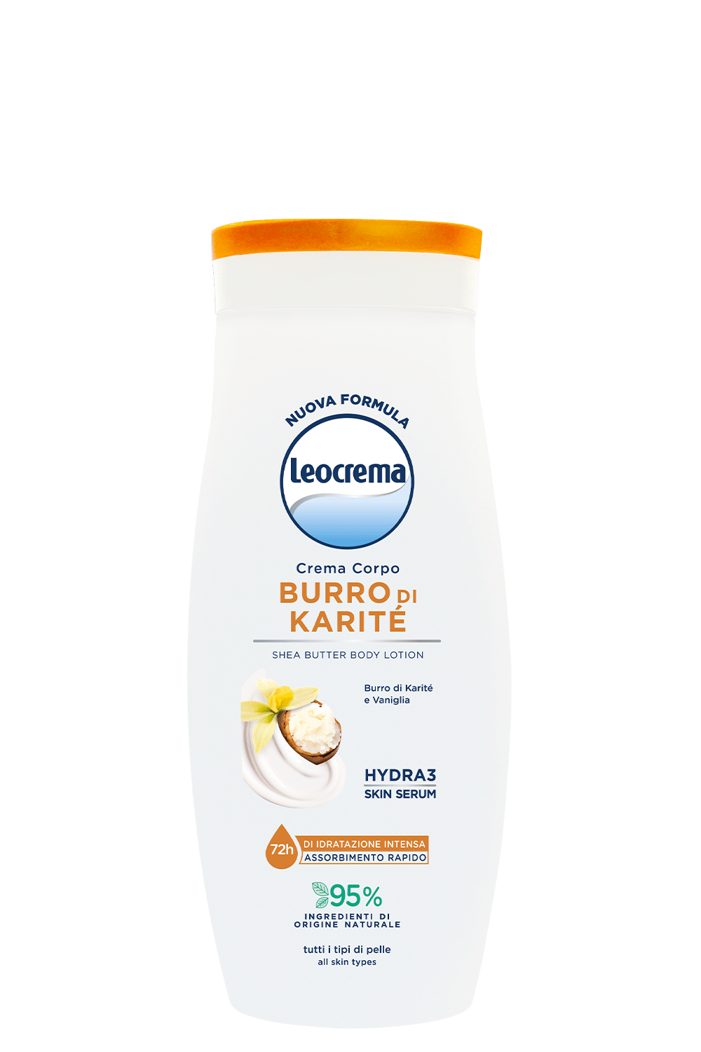Leocrema Crema Corpo al Burro di Karité e Vaniglia 250ml | 72h di Idratazione Intensa | Formula 95% Origine Naturale con Hydra 3 Skin Serum | Per Tutti i Tipi di Pelle