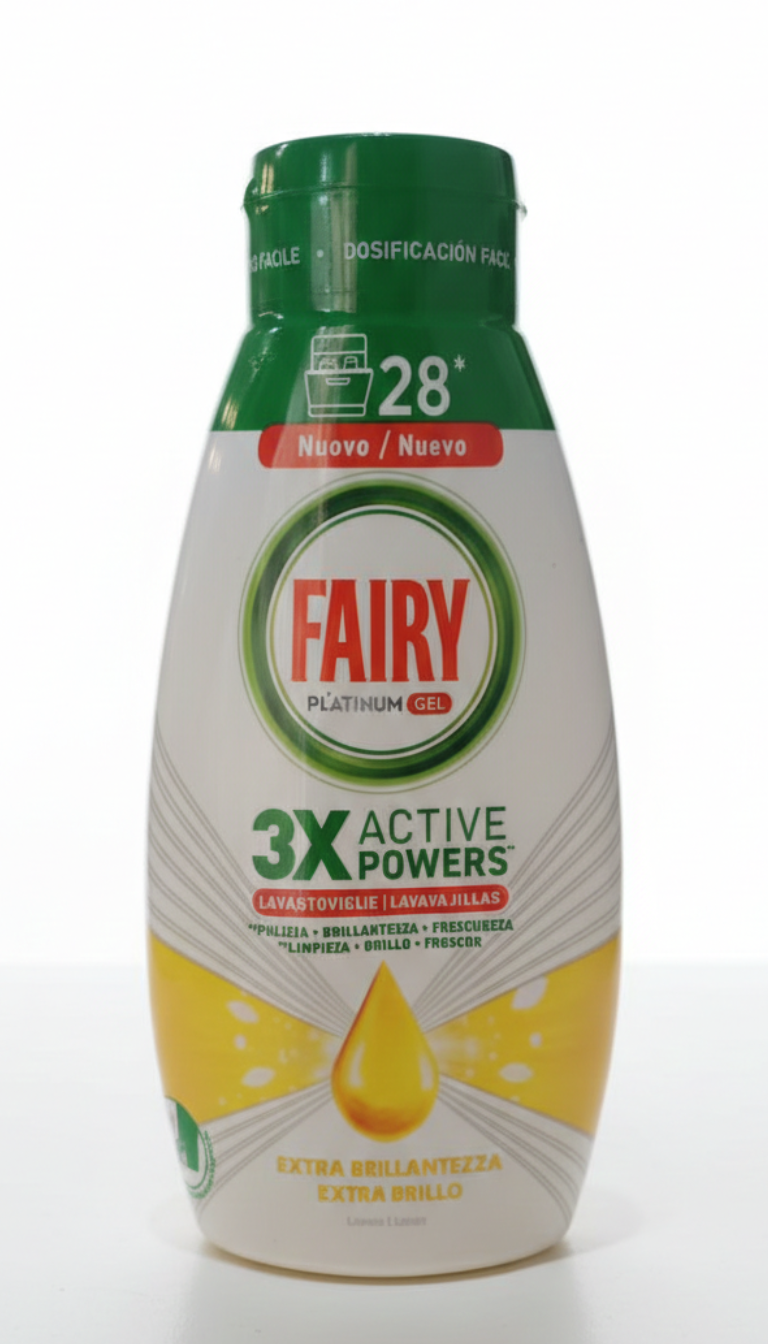 Fairy Platinum Gel Lavastoviglie 3X – 504ml (28 Lavaggi) – Azione Brillantezza Extra al Limone – Pulizia Profonda e Freschezza
