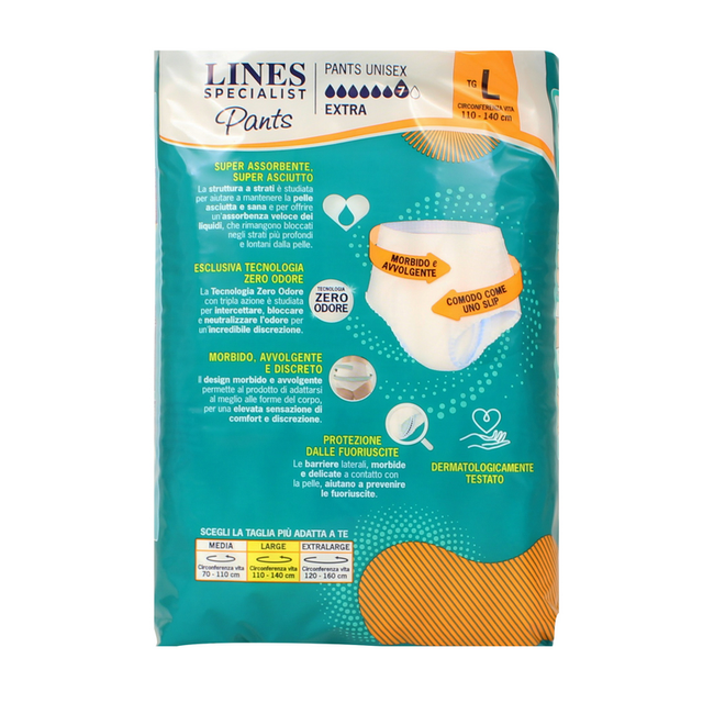 LINES Specialist Unisex Pants Extra Taglia L (100-140 cm) | 7 Mutandine Assorbenti per Incontinenza Abbondante | Tecnologia Zero Odore e Asciutto Rapido