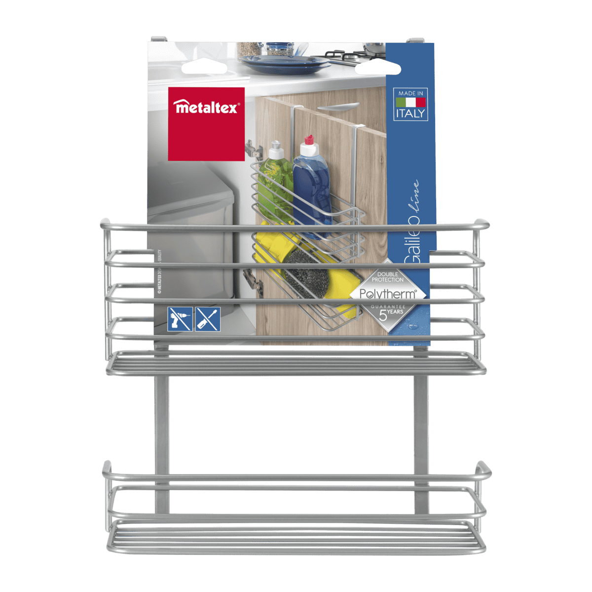 Metaltex Galileo Cestello 2 Piani Portaoggetti da Anta | Organizzatore Cucina Senza Fori | Rivestimento Polytherm® Metallic Antiruggine | Made in Italy | 26x12x36 cm