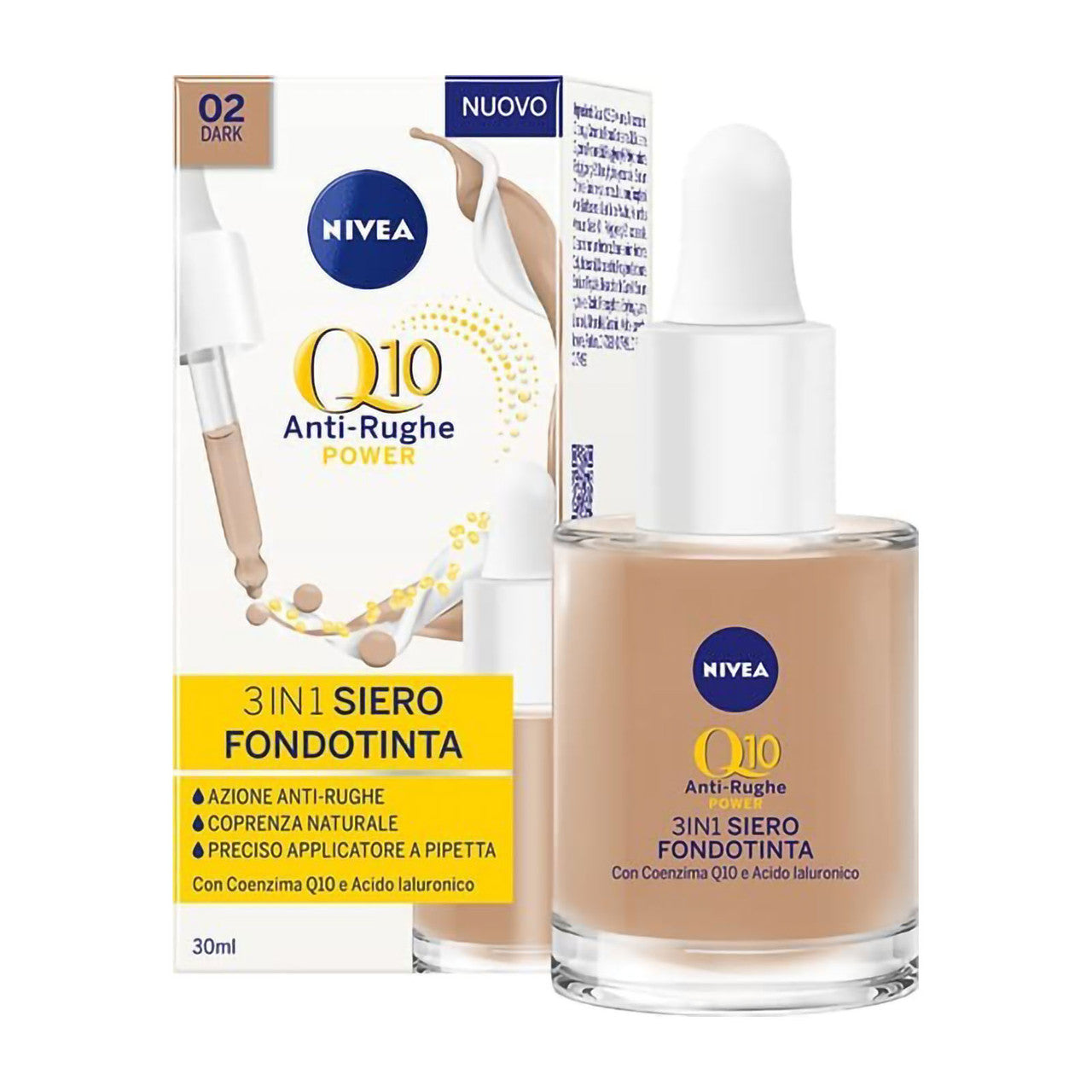 Nivea Q10 Anti-Rughe Power Siero Fondotinta 3in1 02 Dark – Trattamento Anti-Età con Coenzima Q10, Acido Ialuronico e Squalane – Idratazione 12H