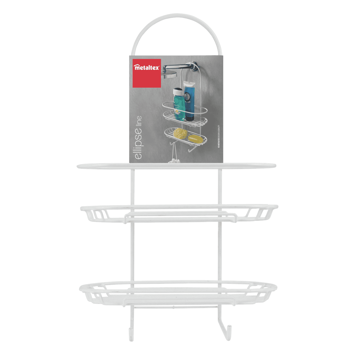 Metaltex Ellipse Line Supporto Doccia XL 2 Piani | Portaoggetti Bagno Largo con Gancio Appendibile | Rivestimento Antiruggine LDPE | Bianco | 27x13x45 cm