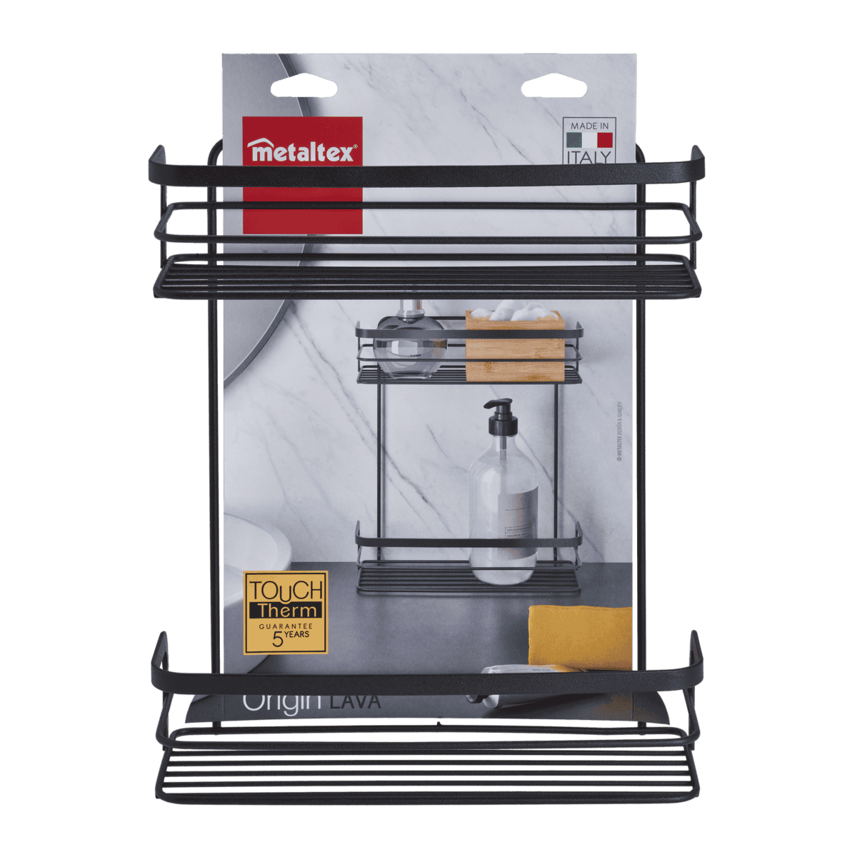 Metaltex Origin LAVA Cestello Rettangolare 2 Piani | Portaoggetti Bagno e Cucina | Rivestimento Touch-Therm Antiruggine | Sistema SafeFix Senza Fori | Made in Italy | 26x10x30 cm