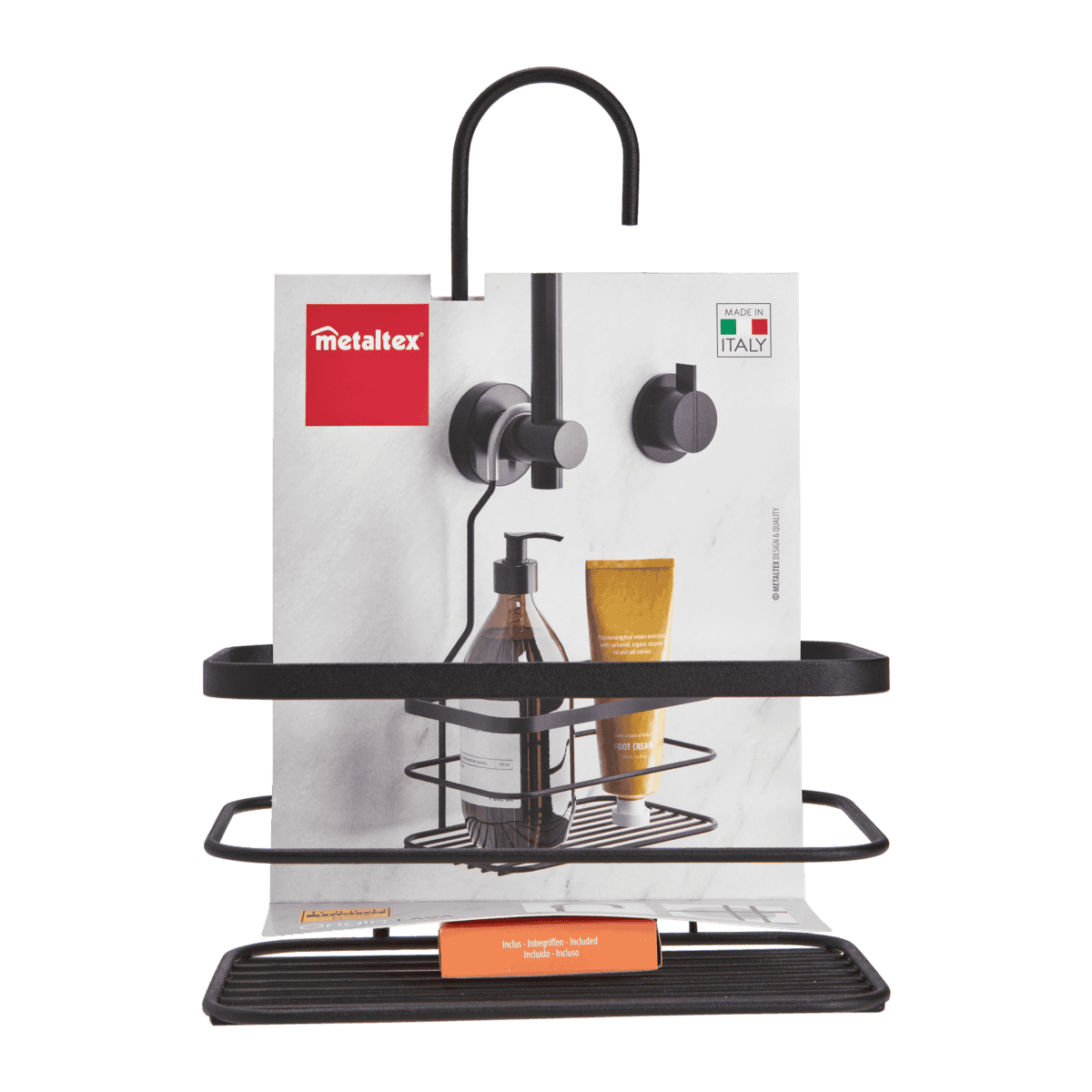 Metaltex Origin LAVA Supporto Doccia 1 Ripiano | Cestello Portaoggetti Nero Opaco | Rivestimento Touch-Therm Antiruggine | Sistema Appendibile Senza Fori con Ventosa | Made in Italy | 20x12x29 cm