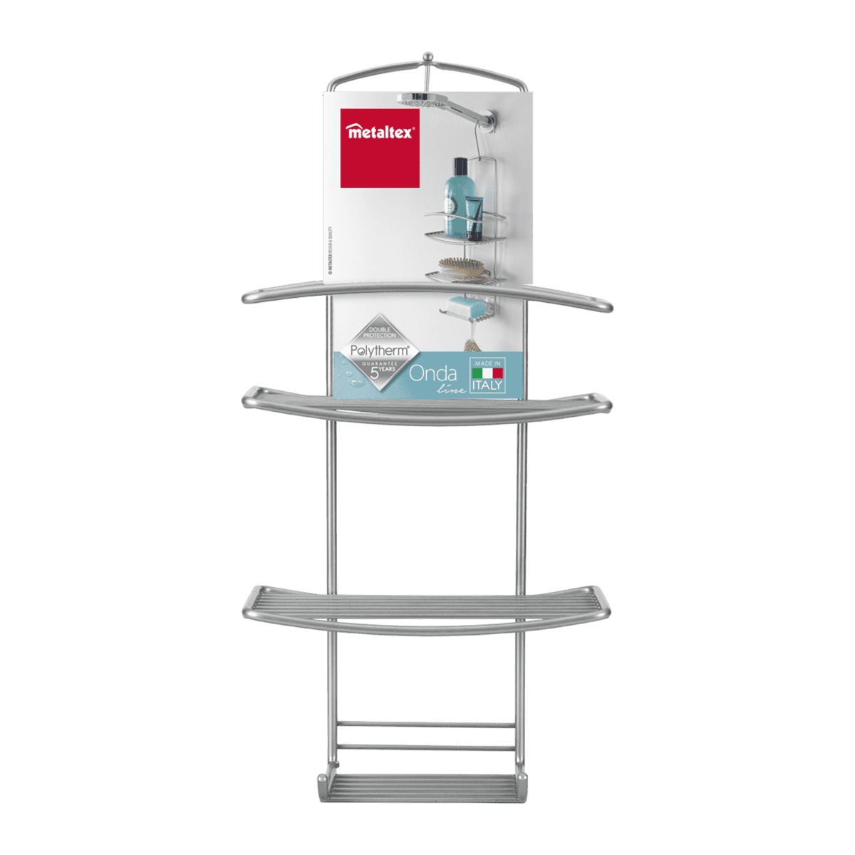 Metaltex Onda Line supporto doccia 3 piani appendibile, portaoggetti bagno con gancio girevole ed estraibile, rivestimento Polytherm® antiruggine, Made in Italy, 18x11x39/48 cm.