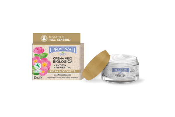 I Provenzali Crema Viso Antietà Biologica Rosa Mosqueta 50ml | Protettiva con Fitocollagene e Acido Ialuronico | Per Pelli Normali e Miste | Base Trucco Idratante