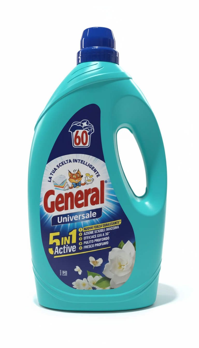General Universale 5 in 1 Detersivo Liquido Lavatrice 2.40 Litri – 60 Lavaggi – Azione Completa Smacchiante ed Efficace a Freddo