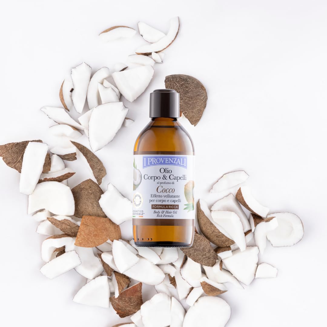 I Provenzali Olio Corpo & Capelli al Profumo di Cocco 200ml – Trattamento Vellutante Antichi Rimedi Naturale al 99% ad Azione Idratante ed Emolliente Senza Ungere