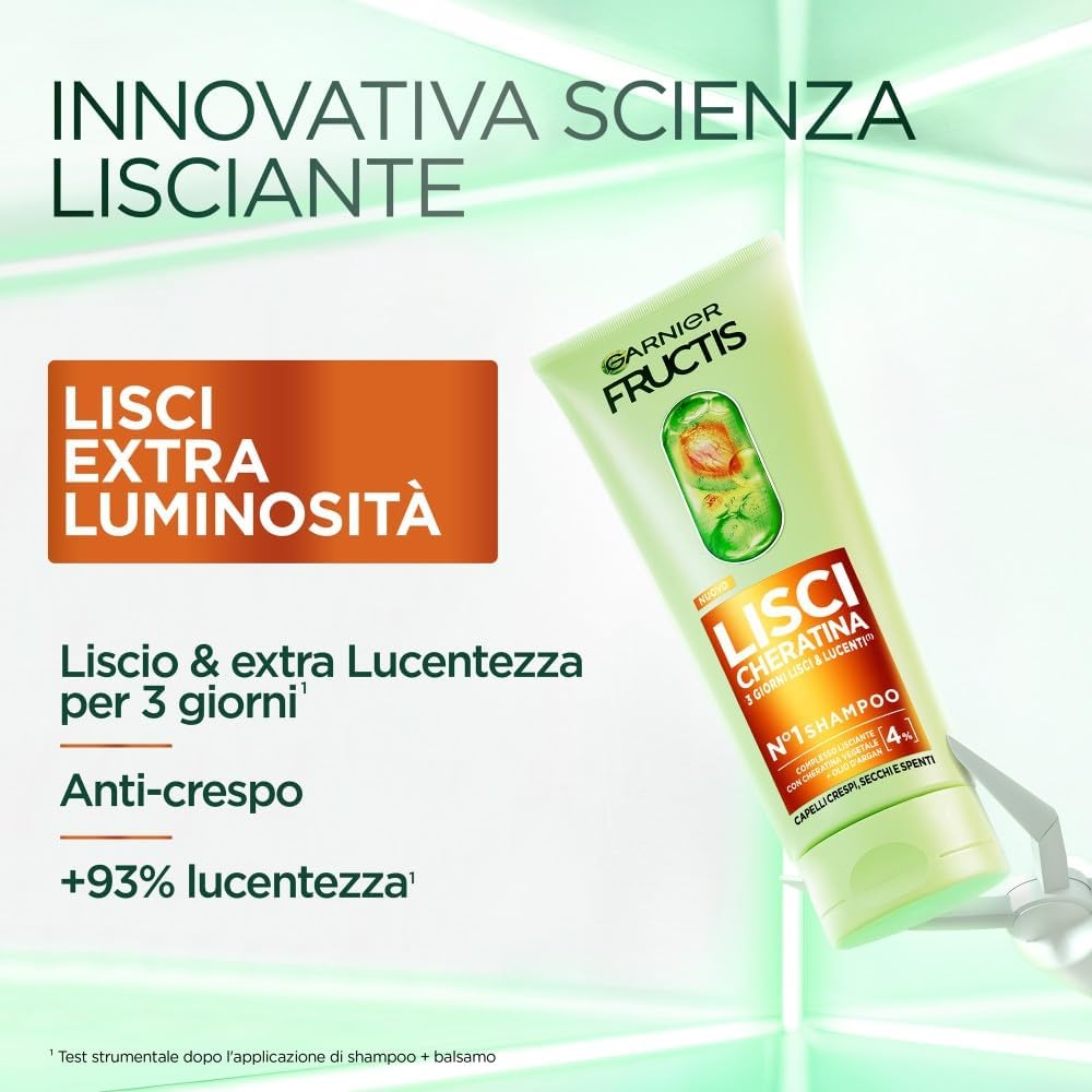 Garnier Fructis Shampoo Lisci Cheratina 250ml – Trattamento Lisciante Anti-Crespo con Cheratina Vegetale e Olio d'Argan – Brillantezza +93%