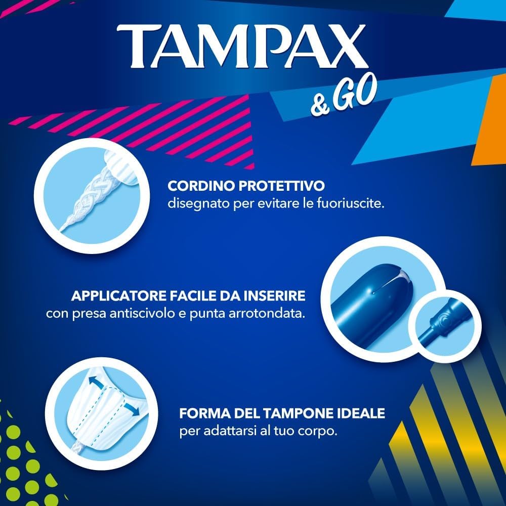 Tampax & GO Mini Assorbenti Interni 18 Pezzi | Applicatore Facile e Cordino Anti-Perdita – Flusso Leggero