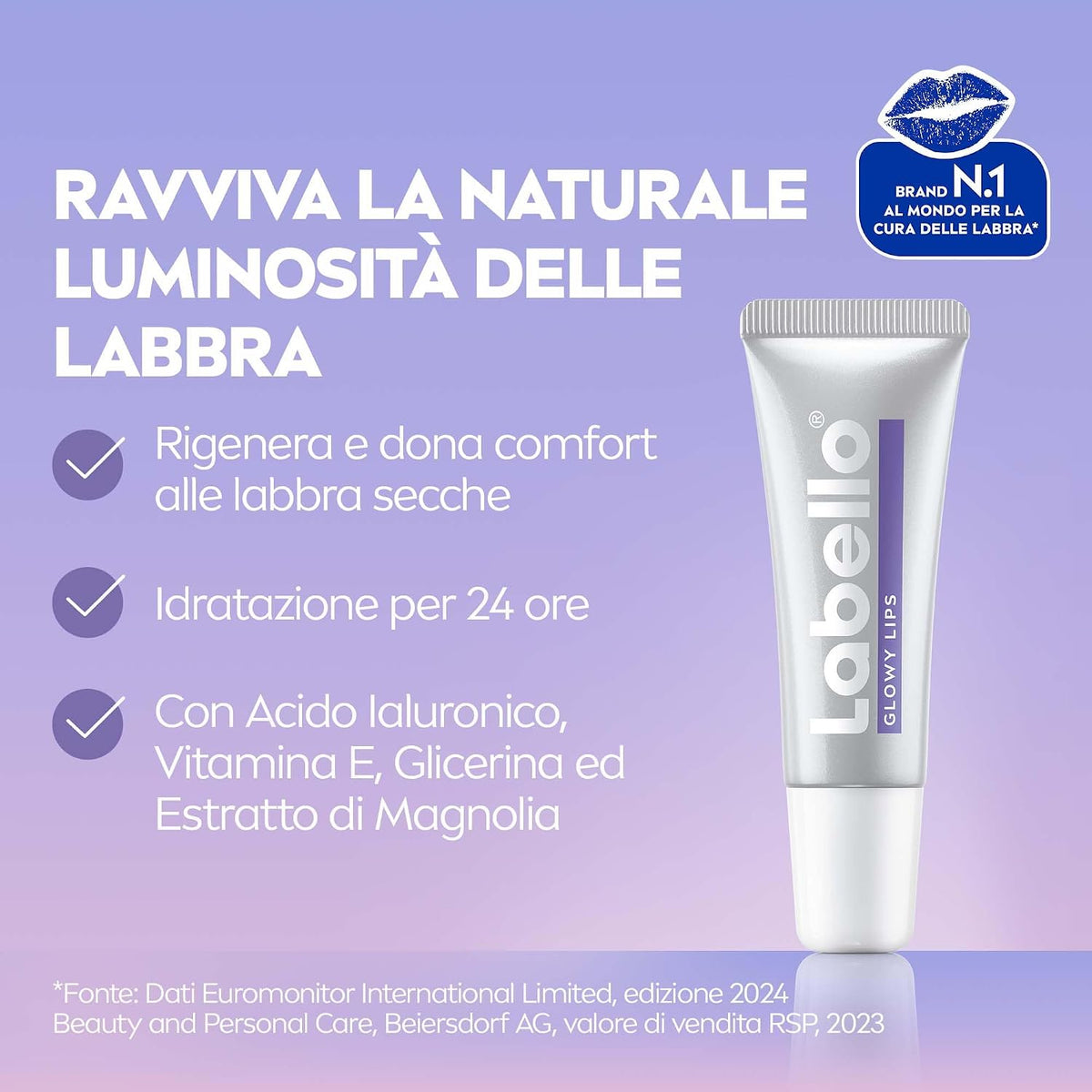 Labello Glowy Lips Magnolia 10ml Tubetto Acido Ialuronico – Balsamo Labbra Rigenerante 24h Idratazione Profonda ed Effetto Glossy Naturale