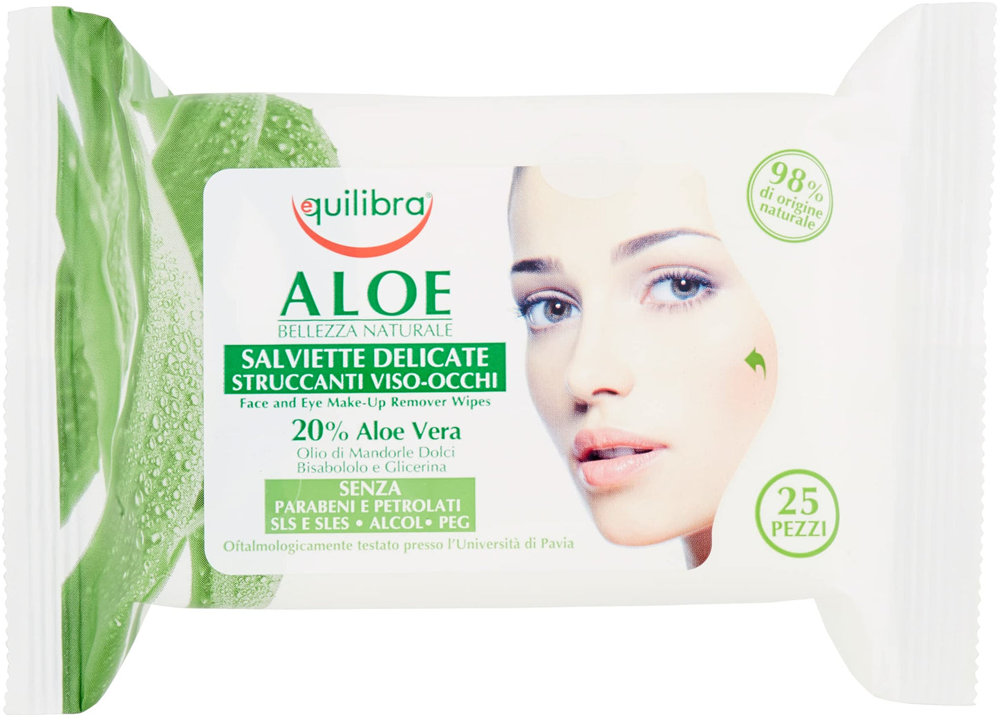 Equilibra Salviette Struccanti Viso-Occhi Aloe Vera 25 Pezzi - Senza Alcool, 20% Aloe