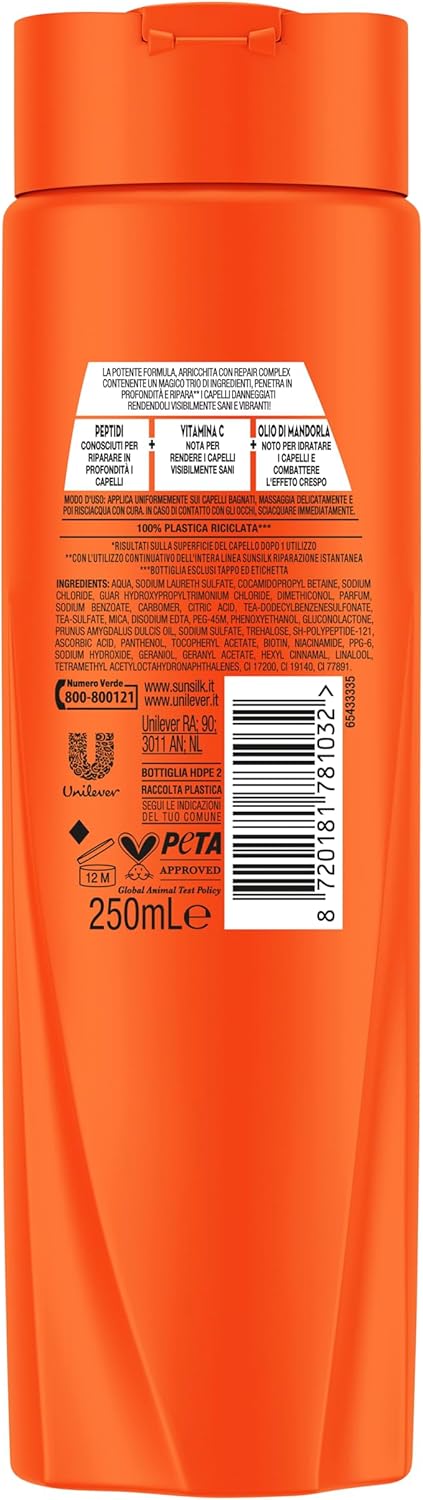Sunsilk Shampoo Riparazione Istantanea 250 ml – Con Repair Complex, Peptidi, Vitamina C e Olio di Mandorla – Rigenerazione Profonda e Soluzione Anticrespo per Capelli Danneggiati