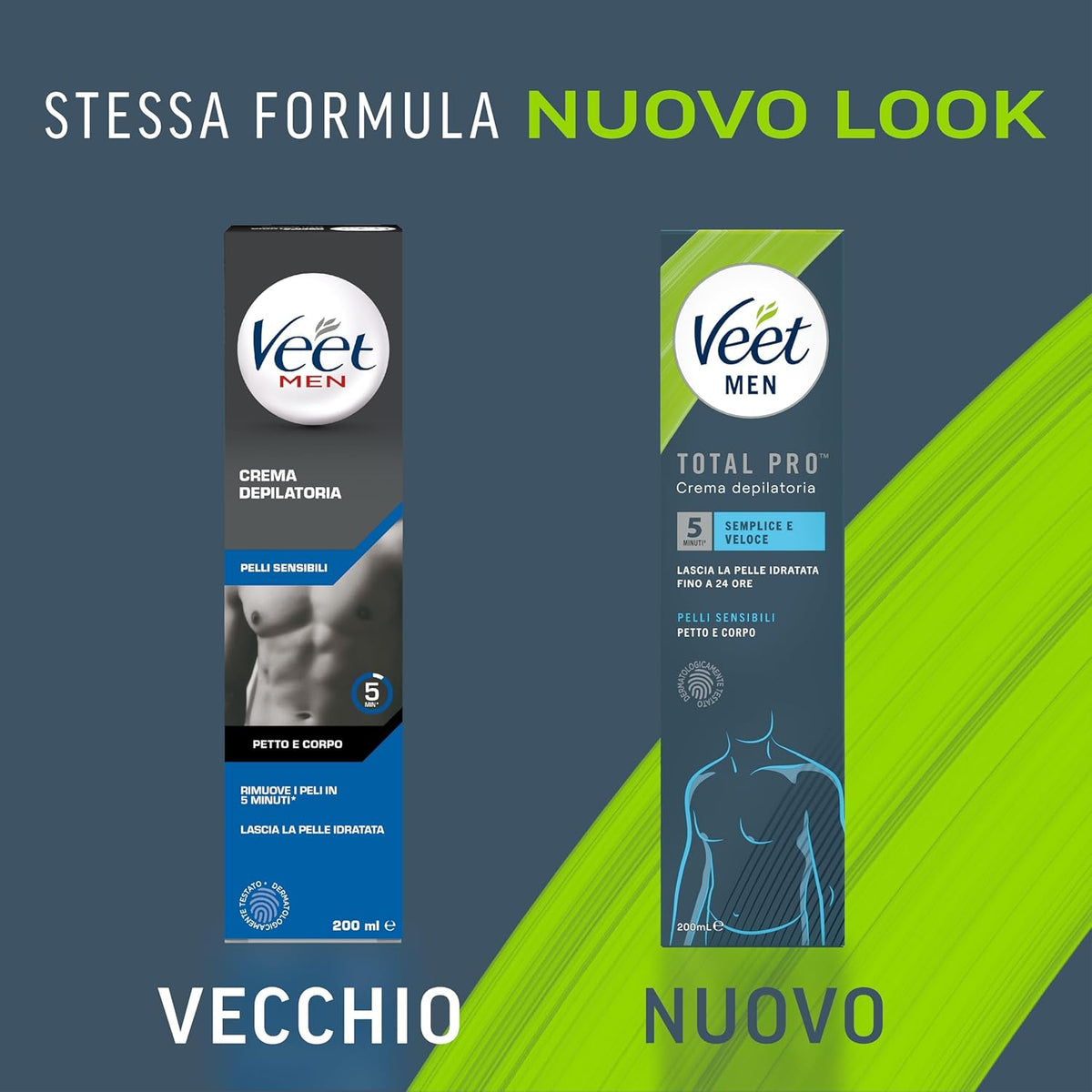 Veet Men Total Pro Crema Depilatoria Uomo 200 ml | Pelli Sensibili | Azione Rapida 5 Minuti | Tecnologia Anti-Odore per Petto e Corpo