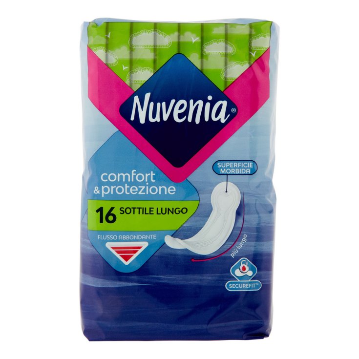 Nuvenia Sottile Super Lungo – 16 Assorbenti con Ali – Design Anatomico Extra-Lungo per Flussi Abbondanti – Protezione V-Zone