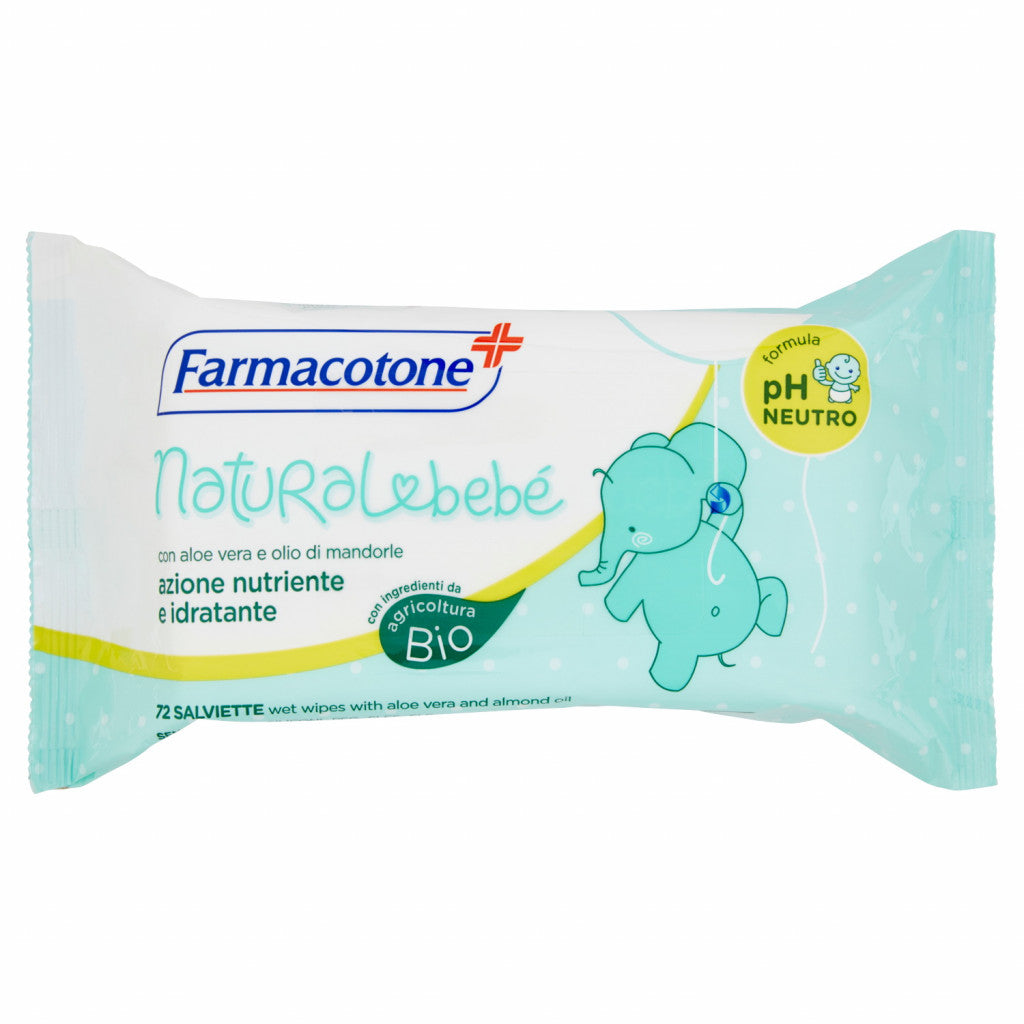 Farmacotone Natural Bebè Salviette Detergenti Bio con Aloe Vera e Olio di Mandorle | pH Neutro | 72 Pezzi | Tessuto Morbido