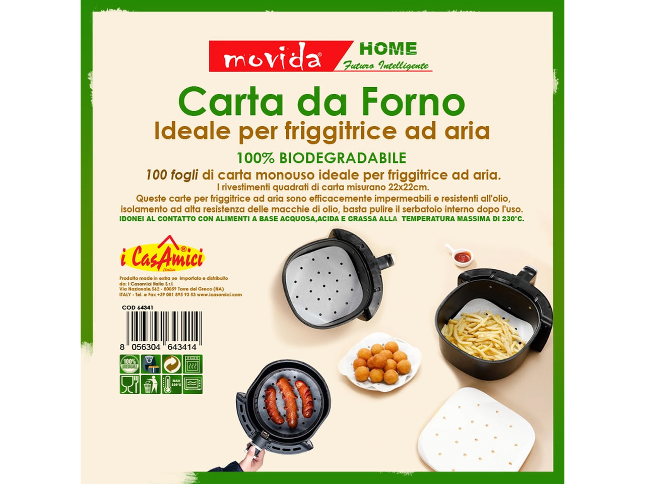 Movida Home Carta da Forno per Friggitrice ad Aria 100 Fogli – Quadrata 22x22 cm Forata – Biodegradabile FSC – Resistente 230°C