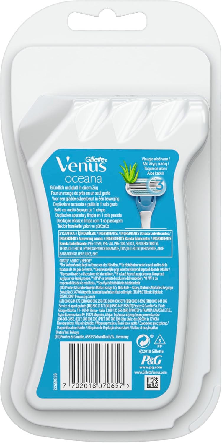 Gillette Venus Oceana Rasoio Donna Usa e Getta | Confezione 4 Pezzi (3+1 Gratis) | 3 Lame Flessibili con Aloe Vera