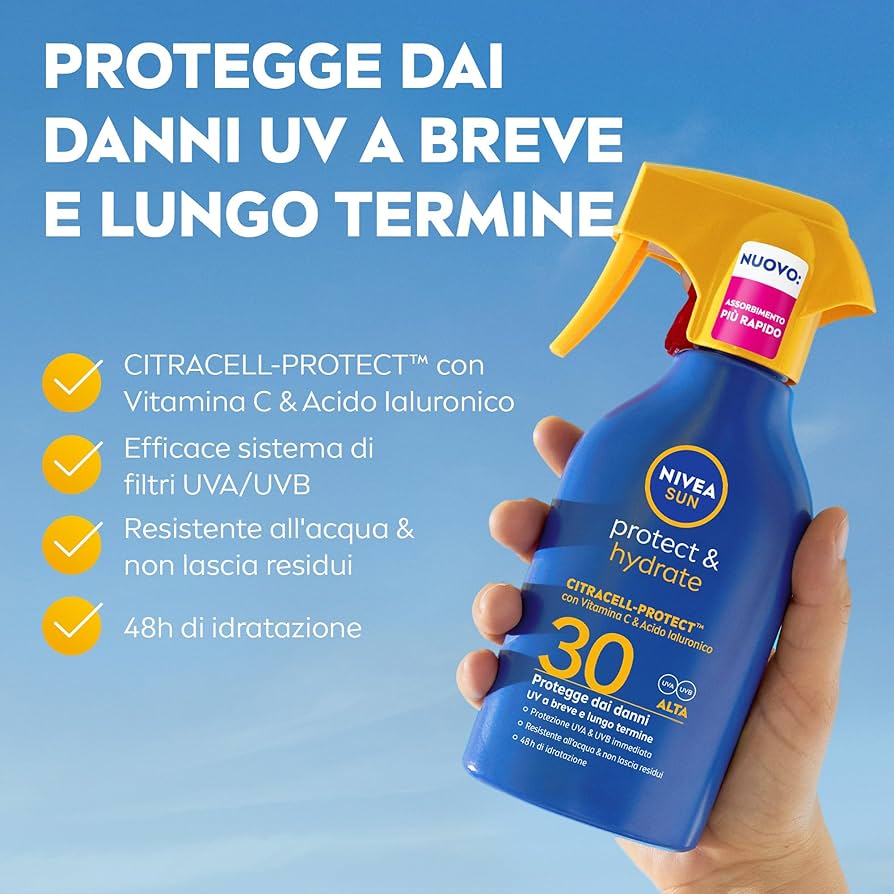 NIVEA SUN Protect & Hydrate SPF 30 Spray Solare Trigger 270ml | Idratazione 48H con Vitamina C e Acido Ialuronico | Protezione Alta