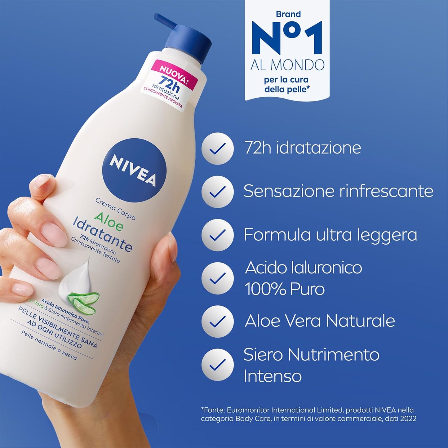 NIVEA Crema Corpo Aloe Idratante 500ml con Acido Ialuronico Puro e Aloe Vera Naturale – 72h Idratazione Profonda Antisecchezza con Assorbimento Rapido