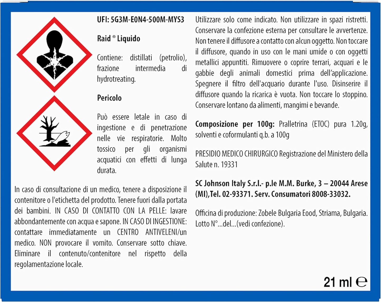 Raid Liquido Elettrico Antizanzare | Diffusore + Ricarica 21ml | Protezione 30 Notti contro Zanzare Comuni e Tigre