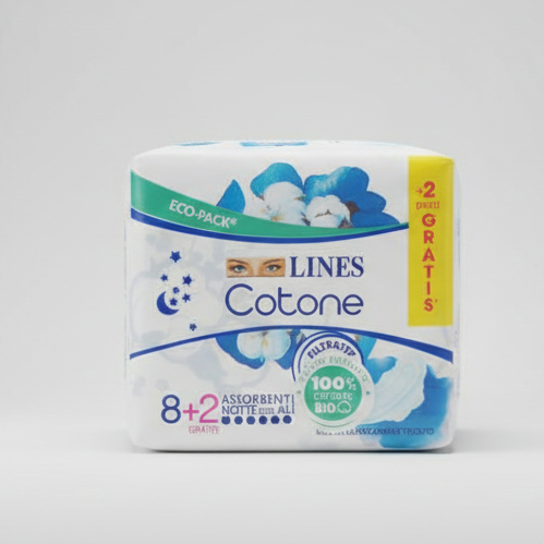 Lines Cotone Bio Ultra Notte con Ali 10 Pezzi | Filtrante 100% Cotone Biologico Certificato | Ipoallergenico per Pelli Sensibili | Massimo Assorbimento