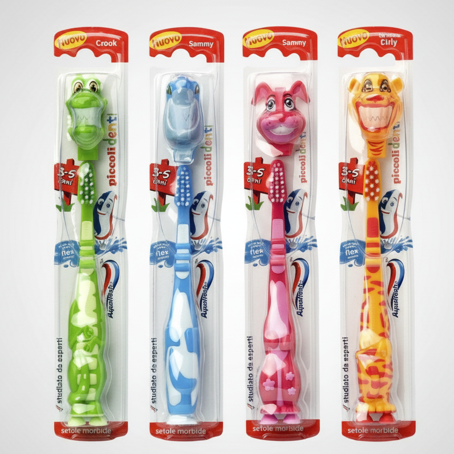Aquafresh Spazzolino Flex Piccoli Denti (3-5 Anni) | Setole Morbide e Testina Flessibile per Denti da Latte | Personaggi Animali Divertenti