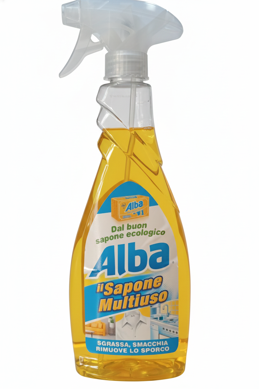 Alba Sapone Eco Multiuso Spray 650ml | Detergente Universale Naturale | Sgrassatore e Smacchiatore Tradizione Campana | Formula Eco-Friendly per Casa e Tessuti