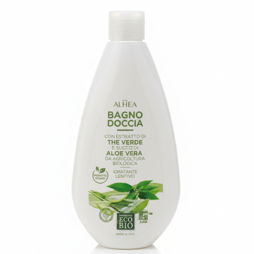 ALHEA Bagno Doccia 400ml – Con Estratto di Tè Verde e Succo di Aloe Vera da Agricoltura Biologica – Eco Bio AIAB – Idratante, Lenitivo e Rinfrescante