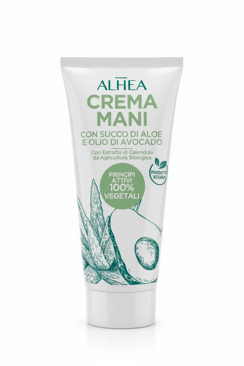 ALHEA Crema Mani 100ml – Con Succo di Aloe e Olio di Avocado – Principi Attivi 100% Vegetali – Riparatrice, Lenitiva e Non Unge – Prodotto Vegano