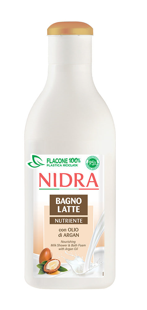 NIDRA Bagnolatte Nutriente 750ml con Olio di Argan e Proteine del Latte 100% naturali, bagnodoccia nutriente formulato con oltre il 95% di ingredienti di origine naturale, ideale per tutti i tipi di pelle anche sensibili e per bambini, pH neutro, dermatologicamente testato, deterge delicatamente lasciando la pelle morbida, elastica e idratata.