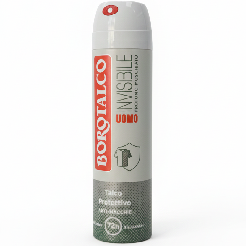 Borotalco Uomo Deodorante Spray Invisible 150ml | Protezione 72H Extra-Asciutto | Formula Talco Protettivo Anti-Macchie | 0% Alcol | Profumo Muschiato Elegante