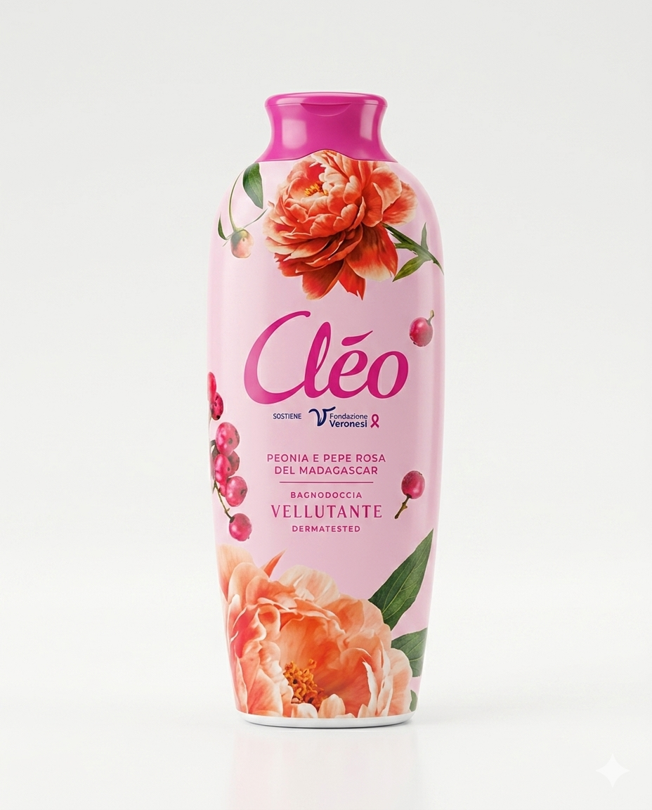 Bagnodoccia Cléo Peonia e Pepe Rosa del Madagascar 750 ml vellutante dermatologicamente testato.