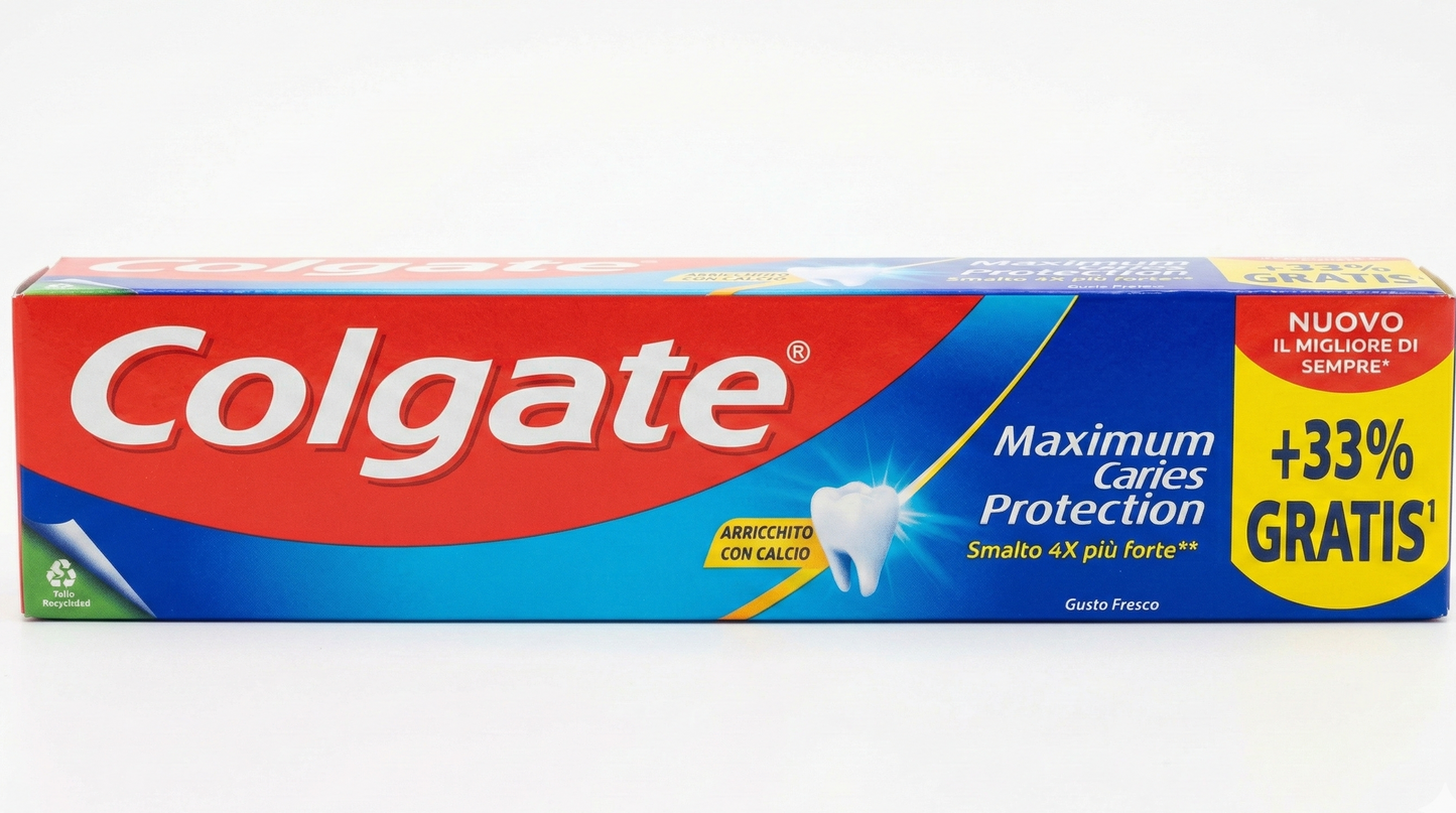 Colgate Maximum Caries Protection 100ml (75ml + 25ml Gratis) – Dentifricio Anti-Carie con Fluoro e Calcio – Smalto 4X Più Forte – Azione Remineralizzante