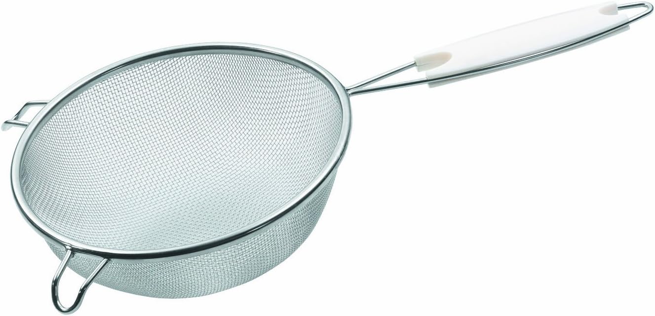 Pedrini Lillo Colino in Acciaio Inox | Diametro 16 cm | Con Guancetta d'Appoggio e Manico Ergonomico Bianco | Maglia Fine per Filtrare e Setacciare | Design Italiano