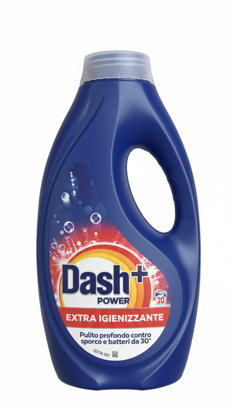 Dash + Power | Detersivo Liquido Extra Igienizzante | 900 ml | 20 Lavaggi | Azione Profonda contro Macchie e Batteri | Pulizia Impeccabile e Igiene Sicura | Efficace a Basse Temperature