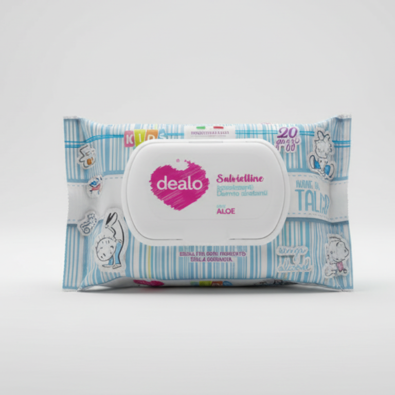 Salviettine Dealo Kids Aloe Vera 20 pezzi senza alcol, formato pocket, detergenti e delicate per bambini.