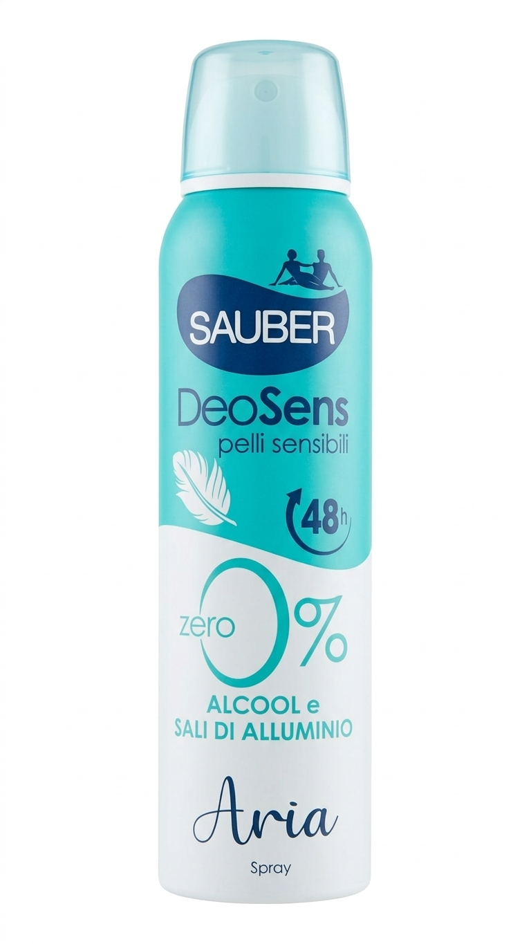 Sauber DeoSens Aria Deodorante Spray 150 ml – Protezione 48h per Pelli Sensibili – Formula Traspirante con Note di Ambra, Sandalo e Geranio